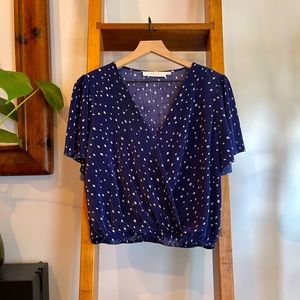 SZ L - ASTR Navy Polka Dot Plisse Wrap Top!